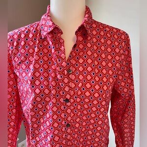 Pink, red and cobalt blue women’s partial button-down collared shirt